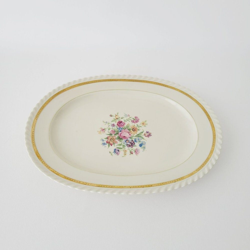 Vintage Krautheim Floral 15" Oval Platter, Gadroon Edge, Etched Heavy Gold Trim